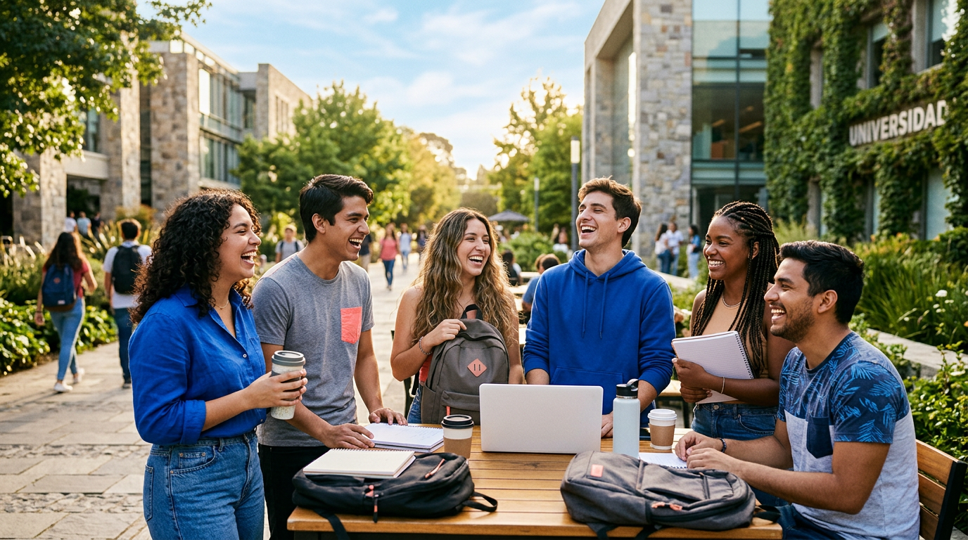 Estudiantes compartiendo en un campus universitario